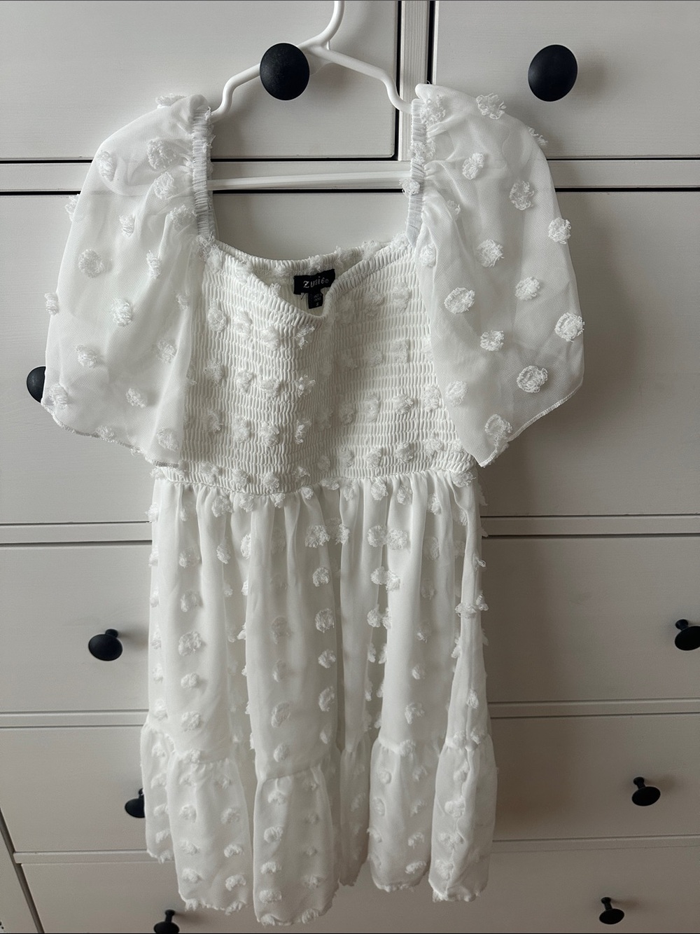 White Puff-Sleeve Smocked Dress